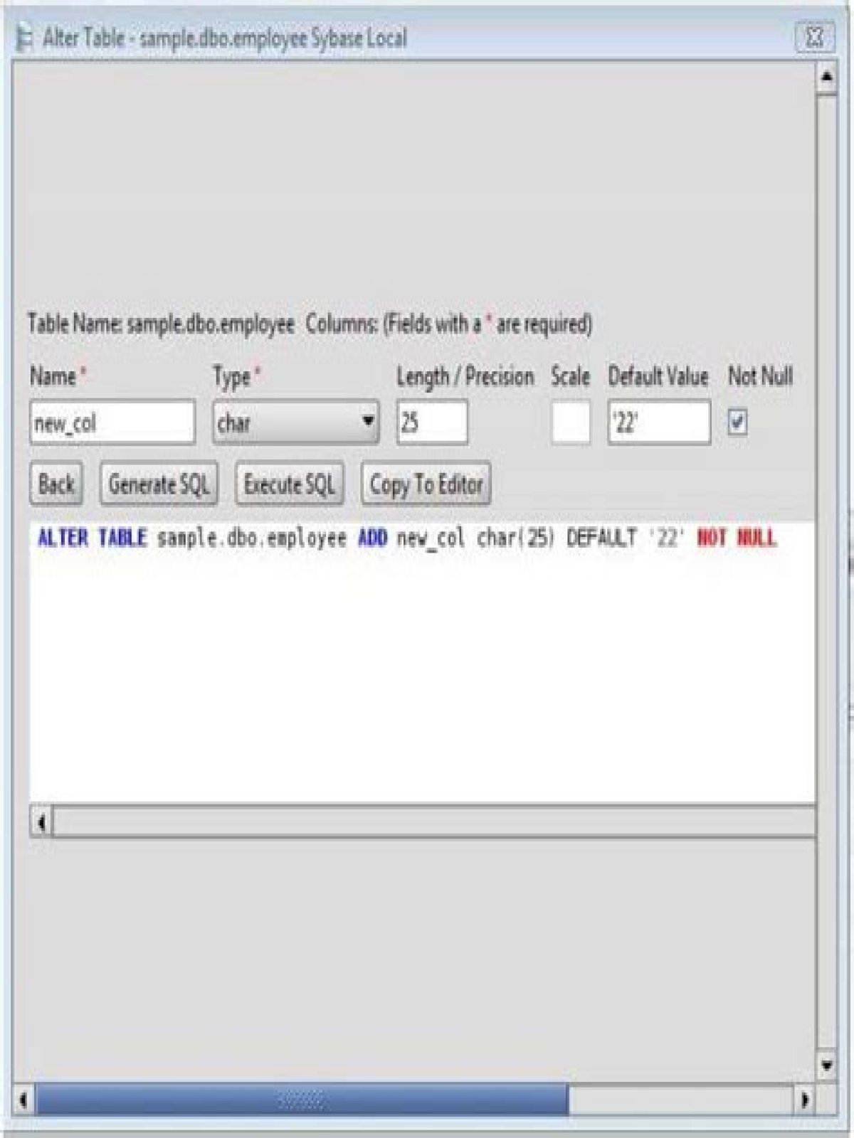 How do I modify a column in Sybase?