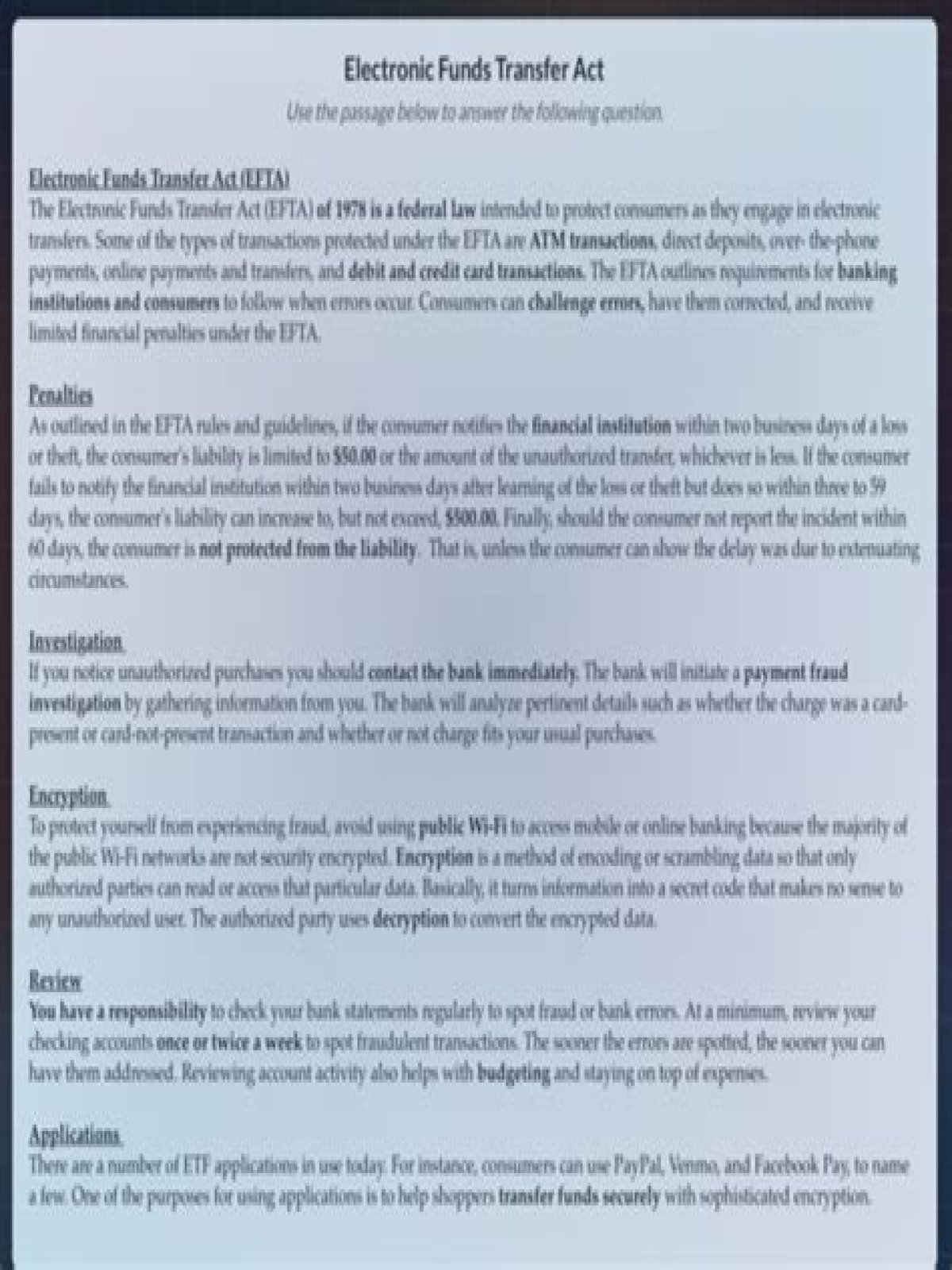 Question: What is the purpose of the Electronic Funds Transfer Act quizlet?