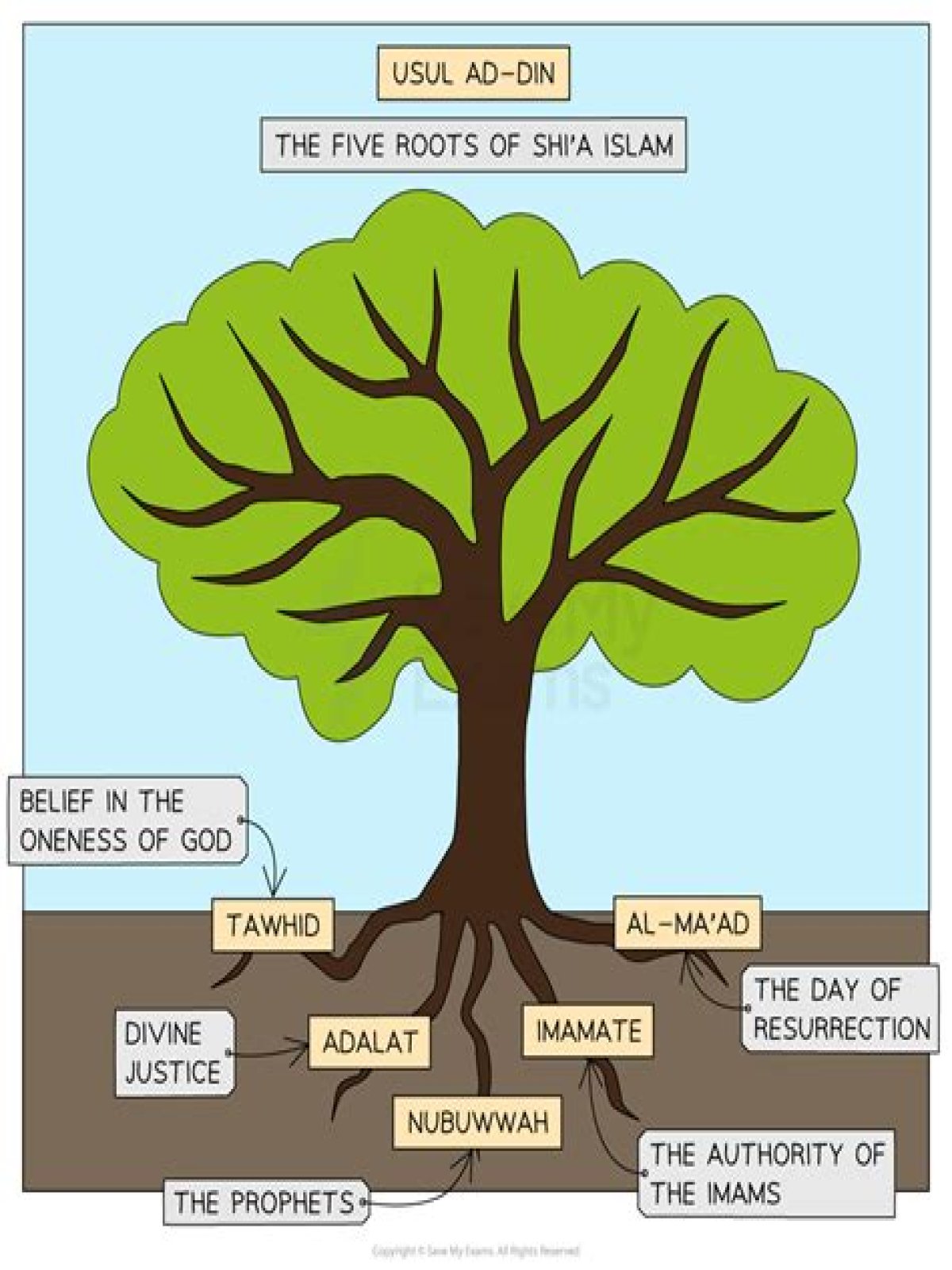 What are the 5 roots of Usul Ad Din?